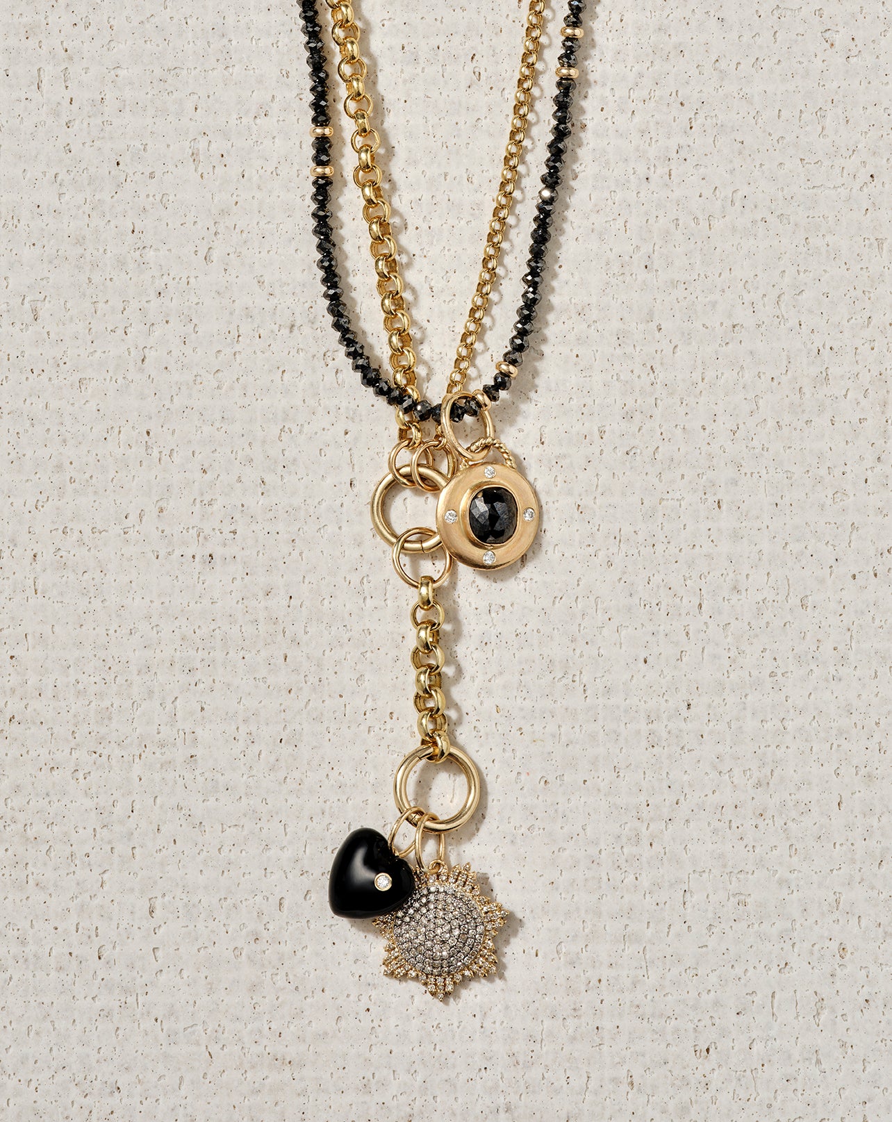 Gold Black Enameled Puffy Heart Pendant with Diamond and 14K Gold Jump Ring