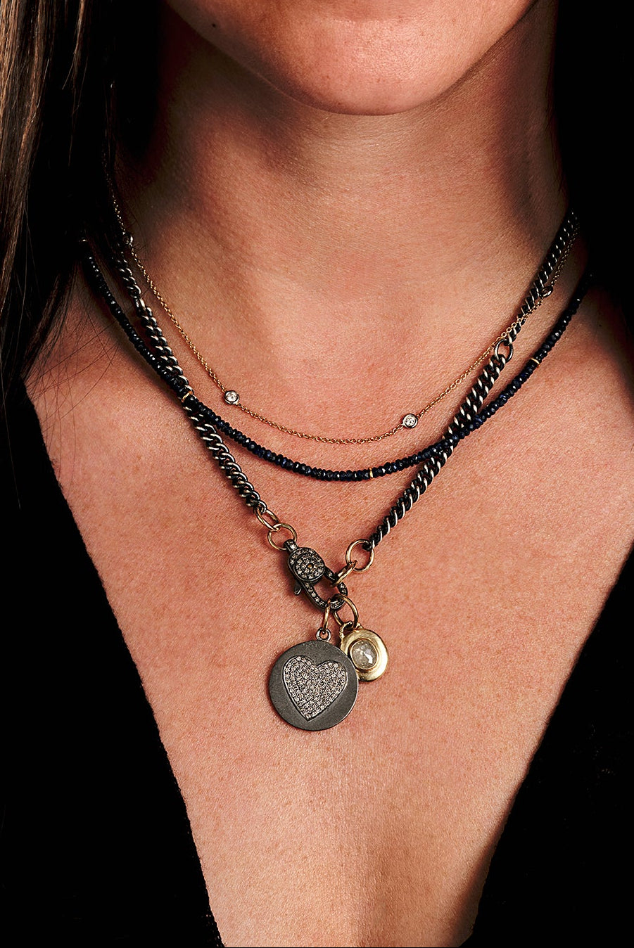 Hand-Strung Jet Ink Sapphire Necklace with Gold Links