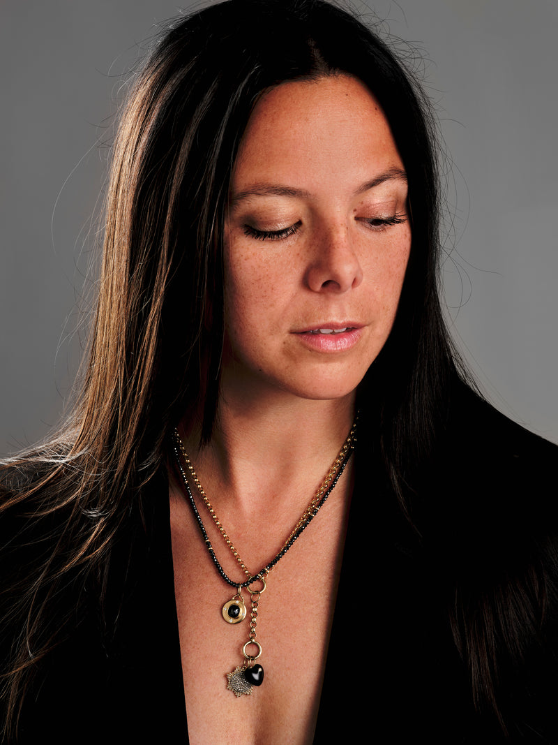 14K Gold Large Disc Pendant with Black Diamond and White Diamonds