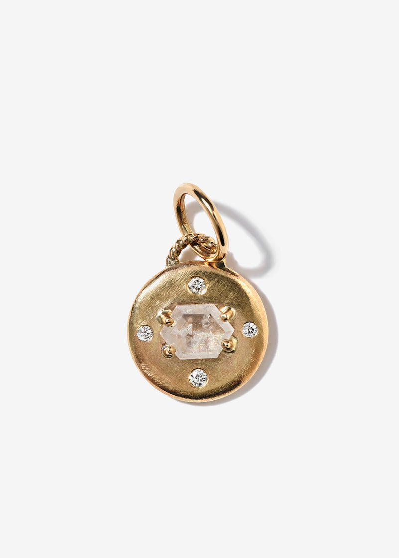14K Gold Large Disc Pendant with Rectangular Hexagon White Rough Diamond