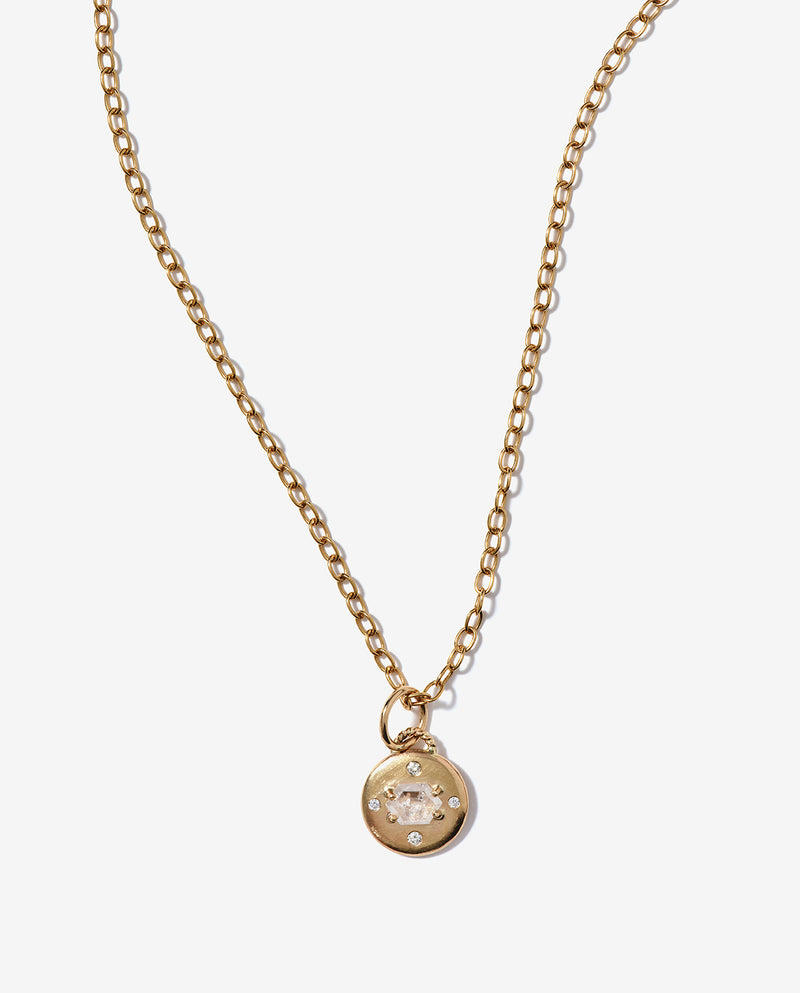 14K Gold Large Disc Pendant with Rectangular Hexagon White Rough Diamond