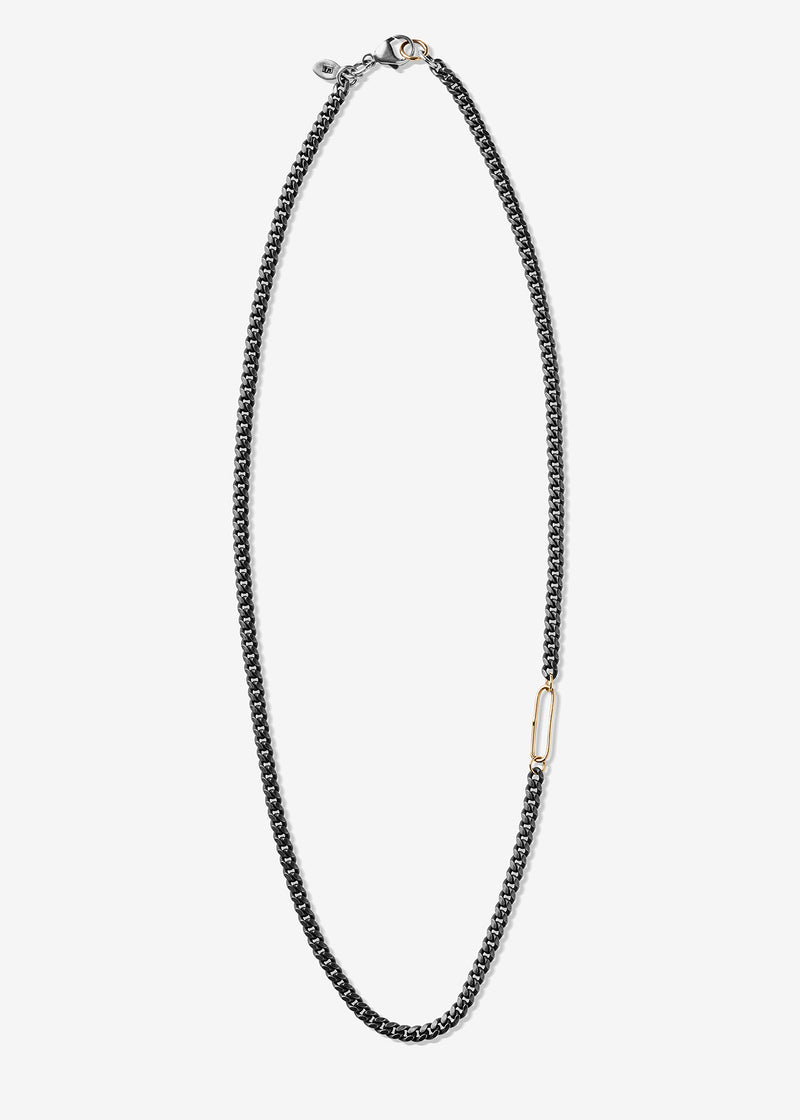 Sterling Silver Blackened Curb Necklace with one 14K Gold Oval Link