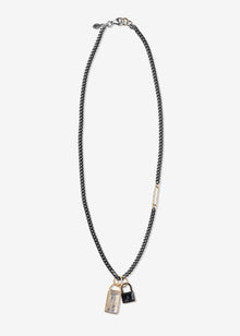 Sterling Silver Blackened Curb Necklace with one 14K Gold Oval Link