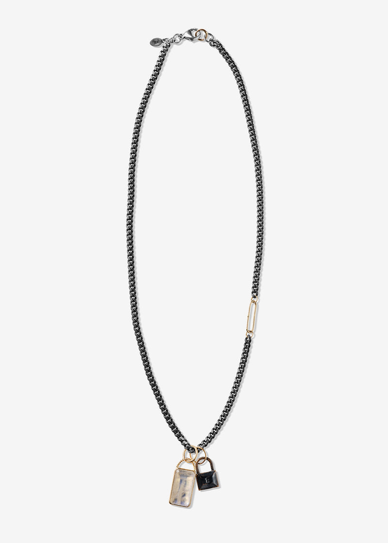 Sterling Silver Blackened Curb Necklace with one 14K Gold Oval Link