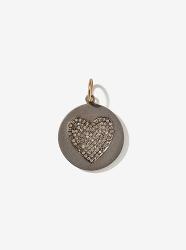 Sterling Silver Disc Pendant with Pavé Diamond Heart and 14K Gold Jump Ring