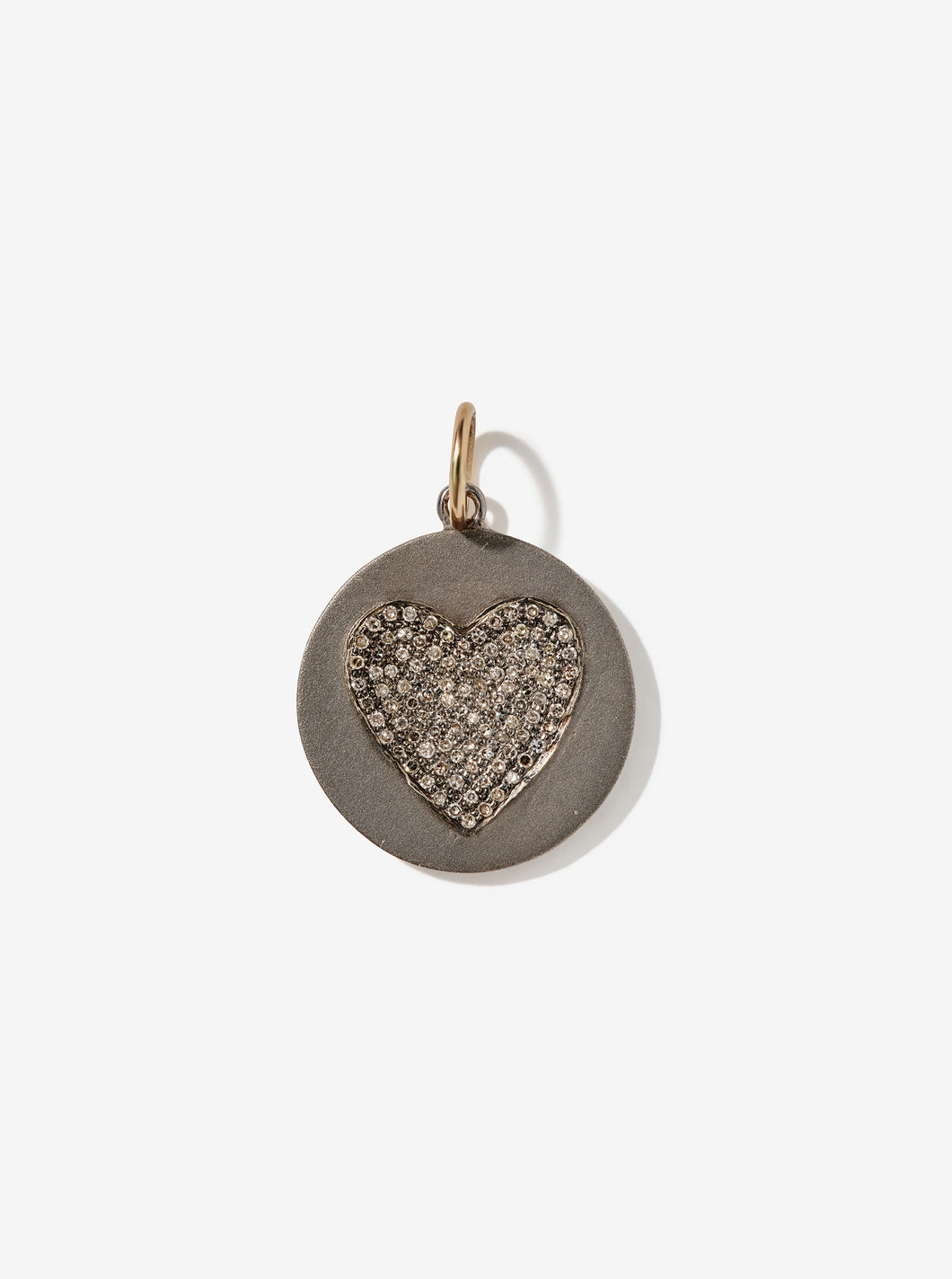 Sterling Silver Disc Pendant with Pavé Diamond Heart and 14K Gold Jump Ring