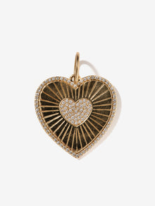 14K Gold Large Heart Pendant with Rays and Diamond Pave