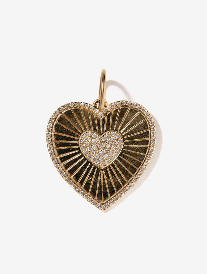 14K Gold Large Heart Pendant with Rays and Diamond Pave