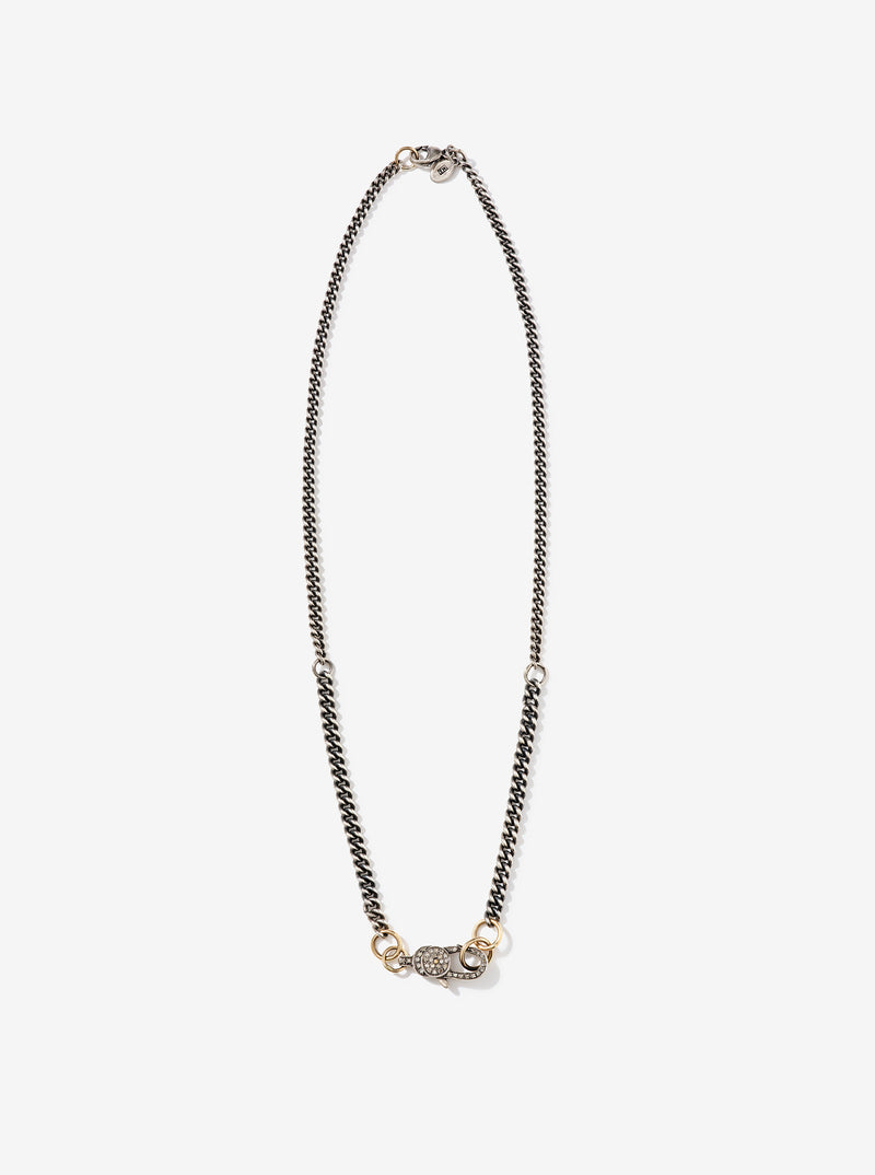 Mixed Curb Necklace with Pave Diamond Lobster Clasp