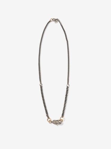 Sterling Silver Oxidized Mixed Curb Necklace with Pave Diamond Lobster Clasp-18