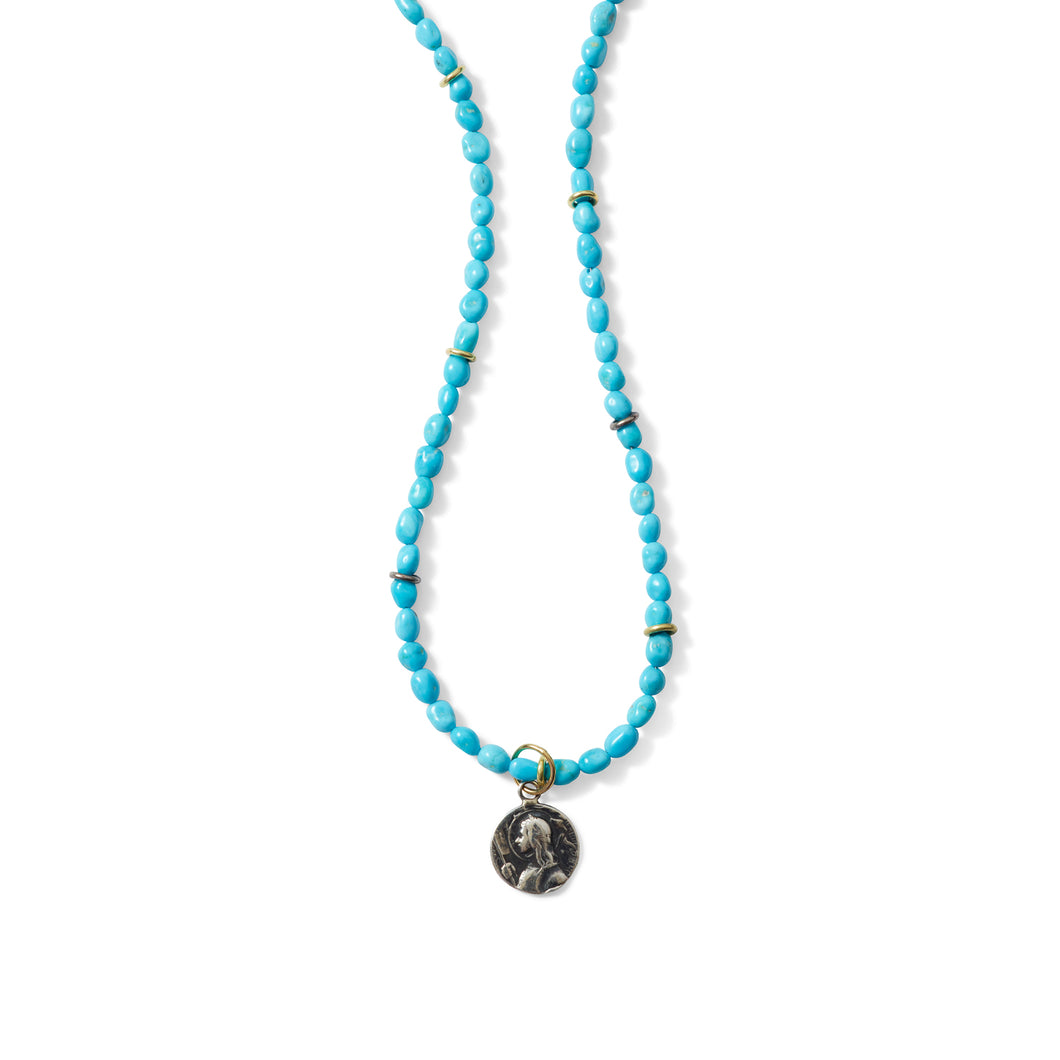TURQUOISE NUGGET WITH GOLD AND SILVER LINKS NECKLACE